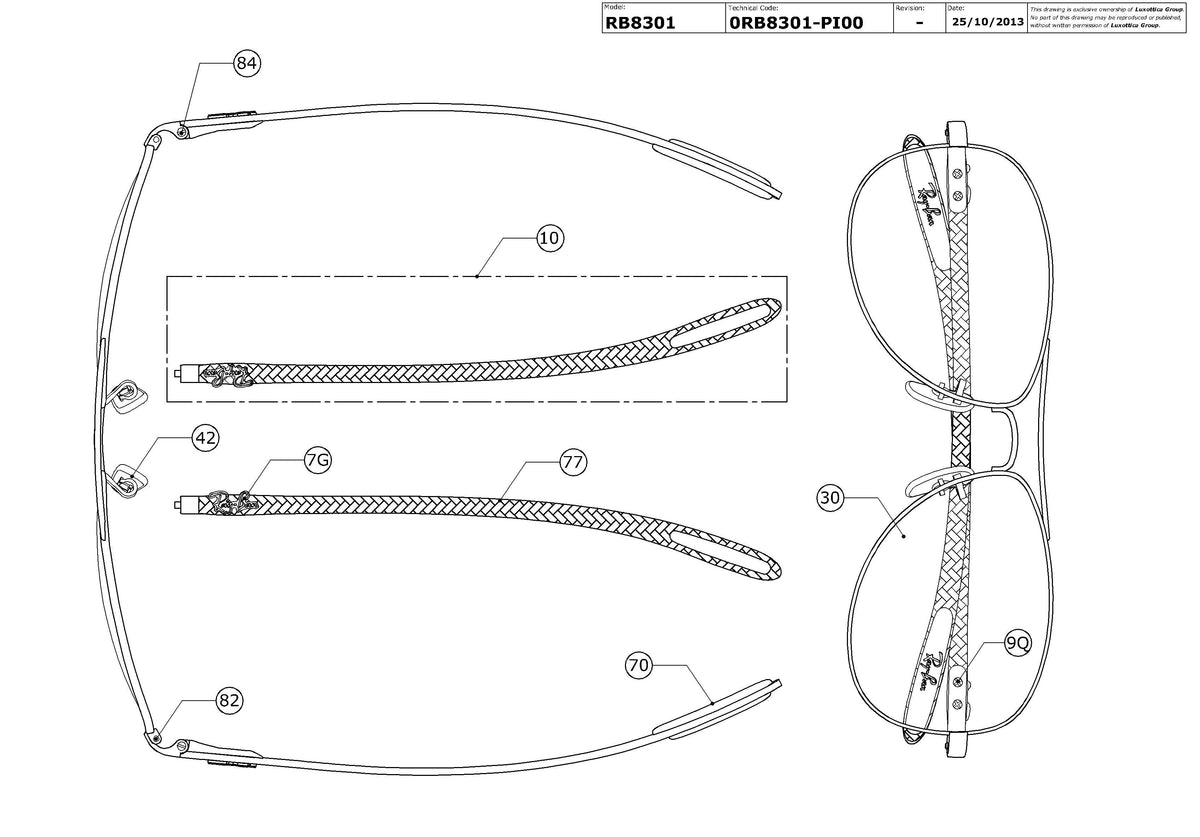 Exploded technical drawing of the Ray-Ban RB8301 Replacement Parts, with each replacement part numbered