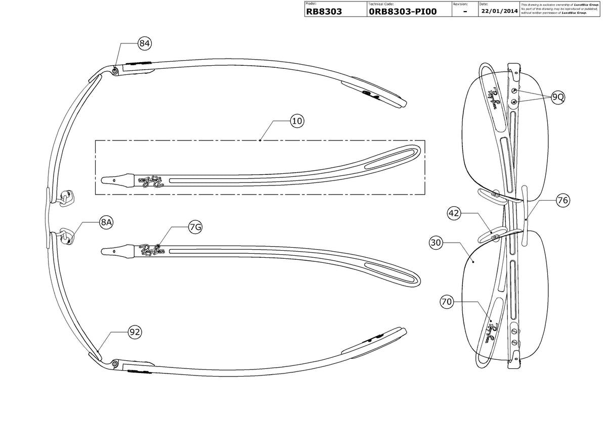 Exploded technical drawing of the Ray-Ban RB8303 Replacement Parts, with each replacement part numbered