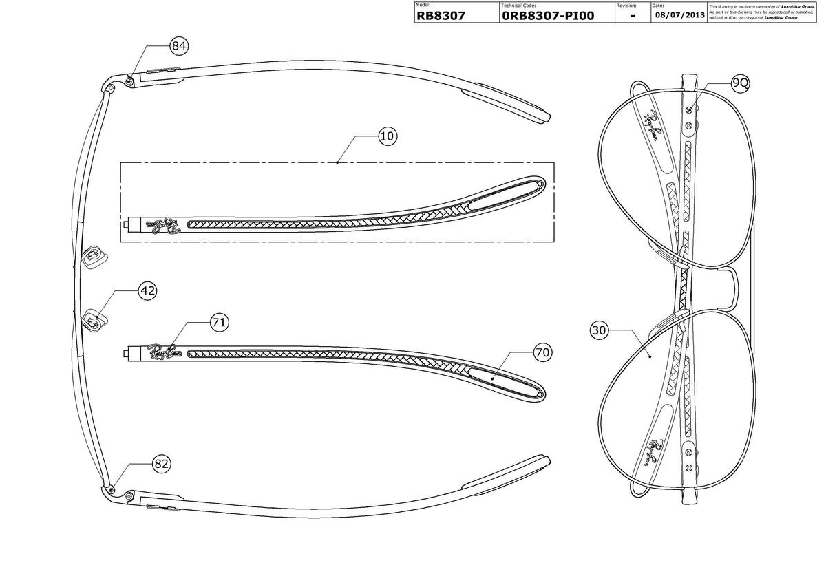 Exploded technical drawing of the Ray-Ban Aviator TM Carbon Fibre RB8307 Replacement Parts, with each replacement part numbered