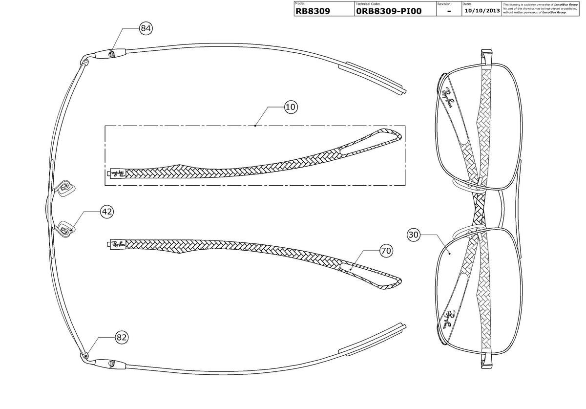Exploded technical drawing of the Ray-Ban RB8309 Replacement Parts, with each replacement part numbered