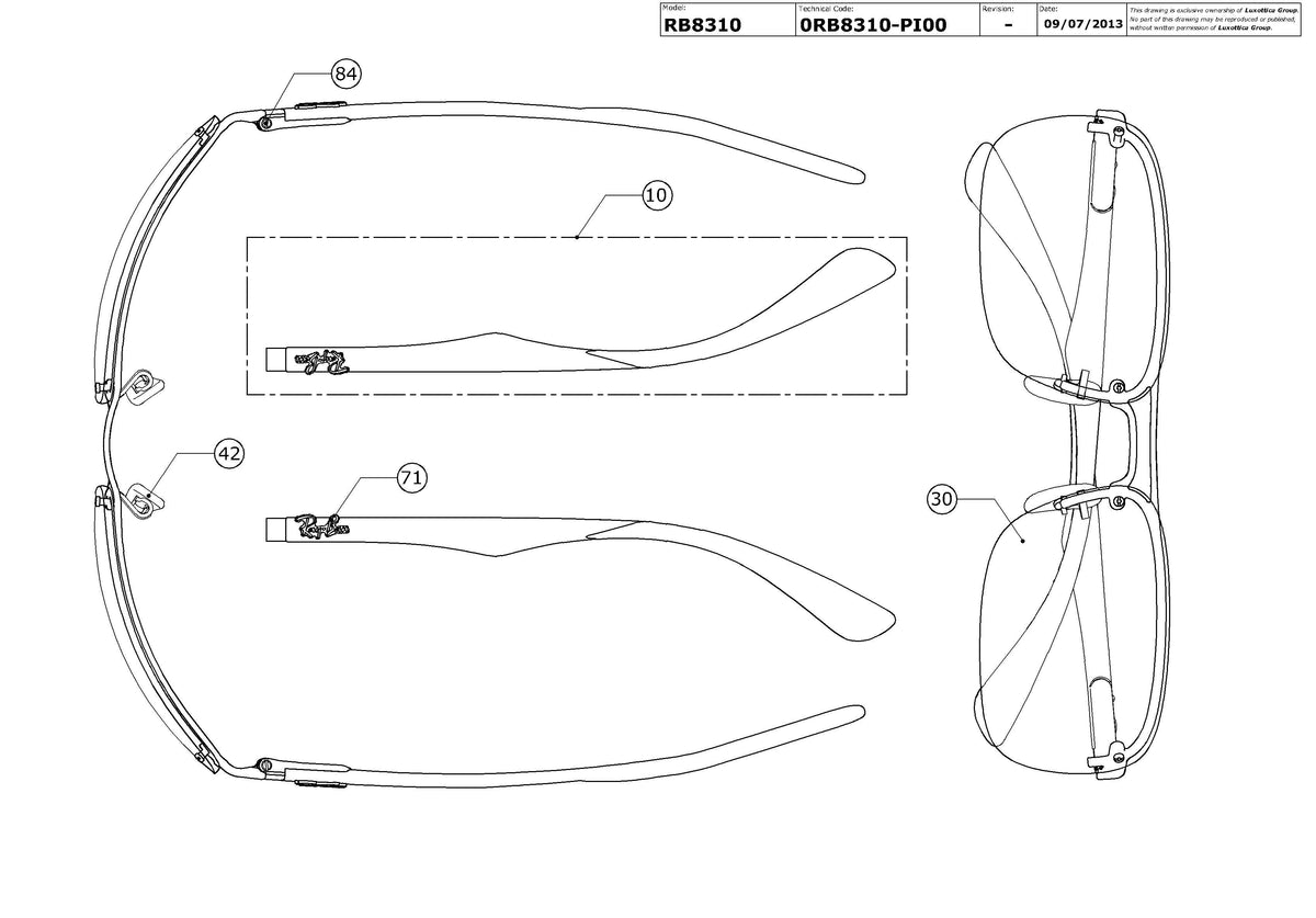 Exploded technical drawing of the Ray-Ban Carbon Fibre RB8310 Replacement Parts, with each replacement part numbered
