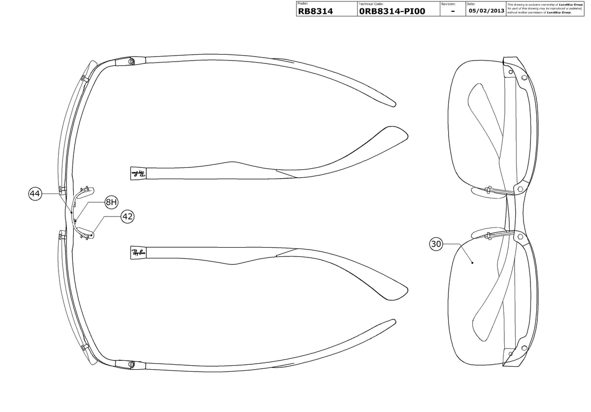 Enlarged technical drawing of the Ray-Ban RB8314 Replacement Parts