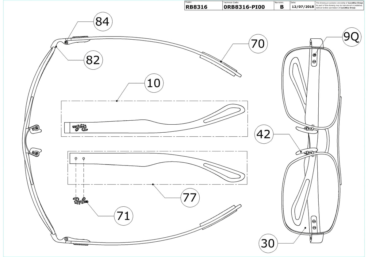 Exploded technical drawing of the Ray-Ban RB8316 Replacement Parts, with each replacement part numbered