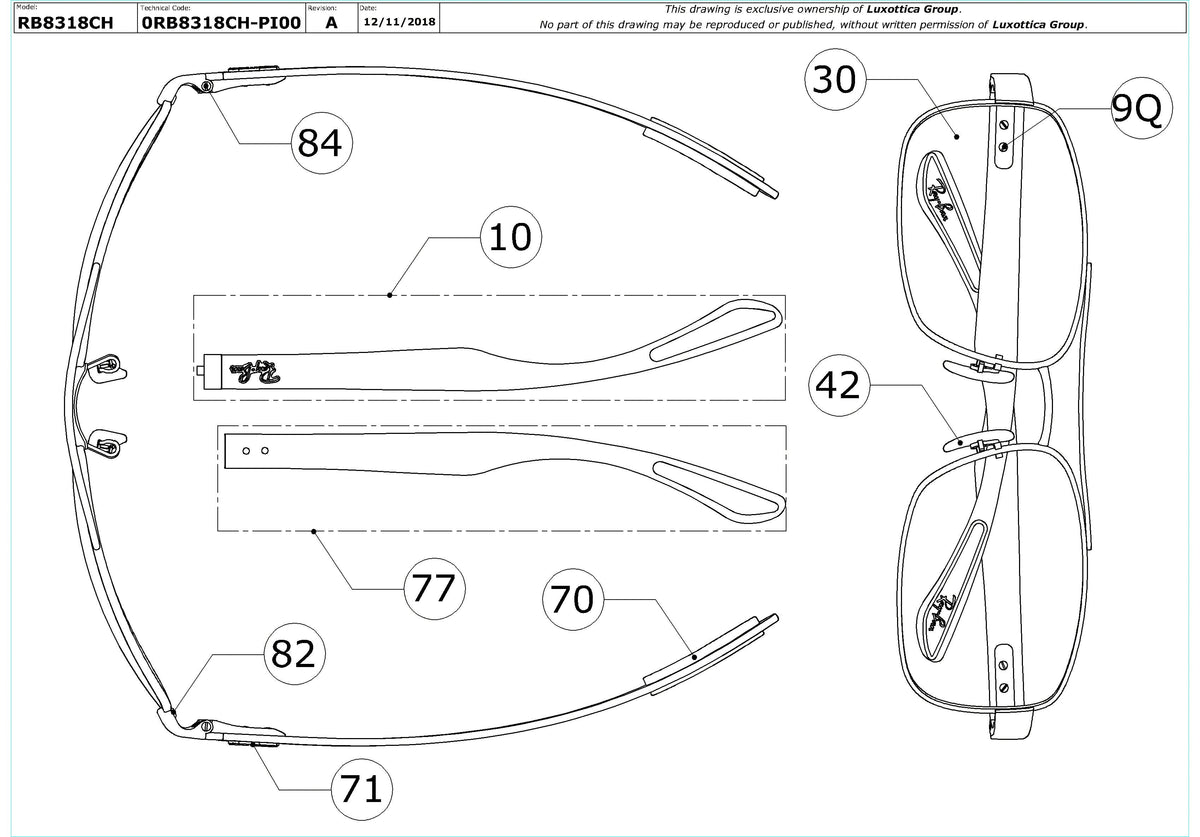Enlarged technical drawing of the Ray-Ban RB8318CH Replacement Parts