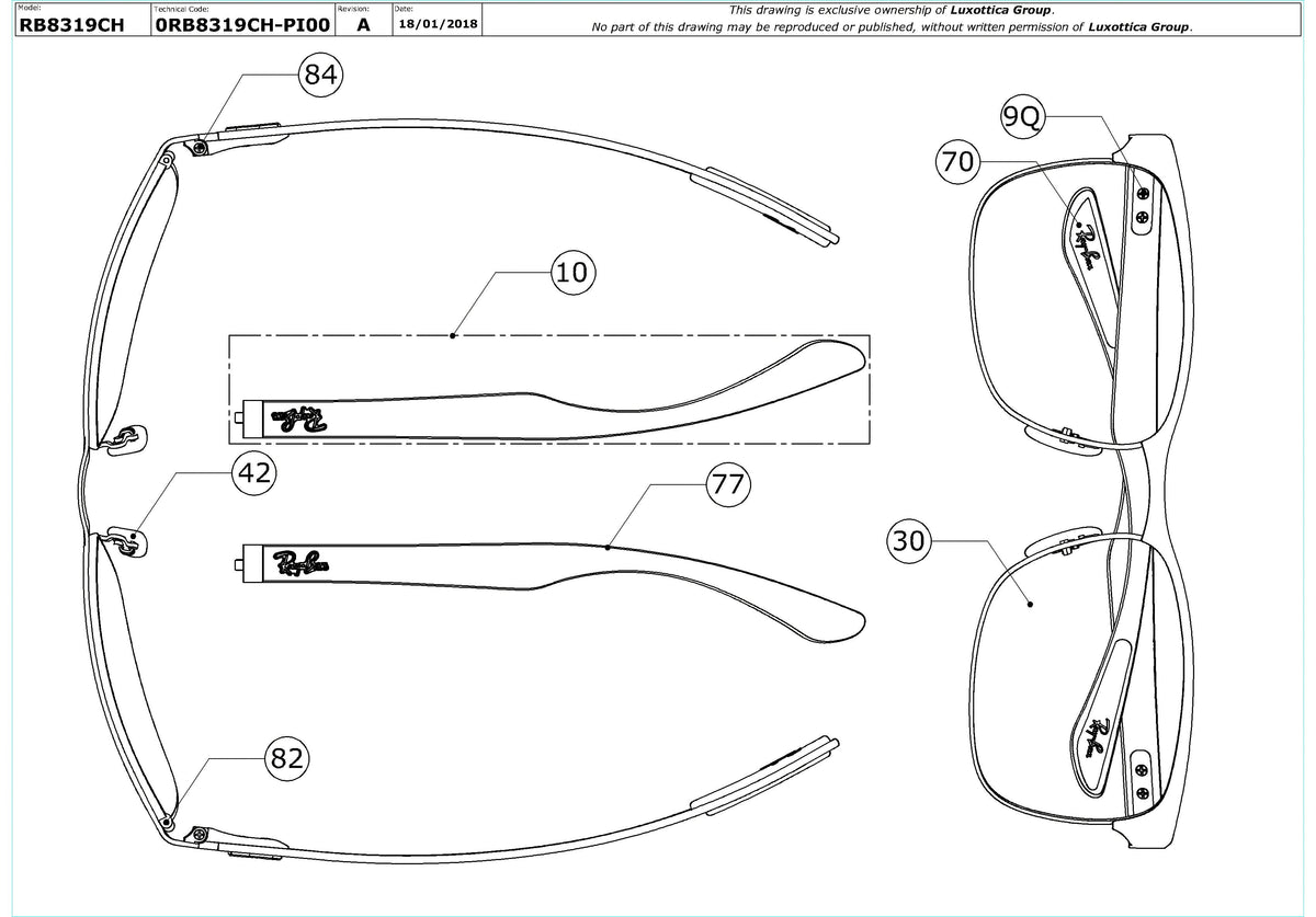 Exploded technical drawing of the Ray-Ban RB8319CH Replacement Parts, with each replacement part numbered