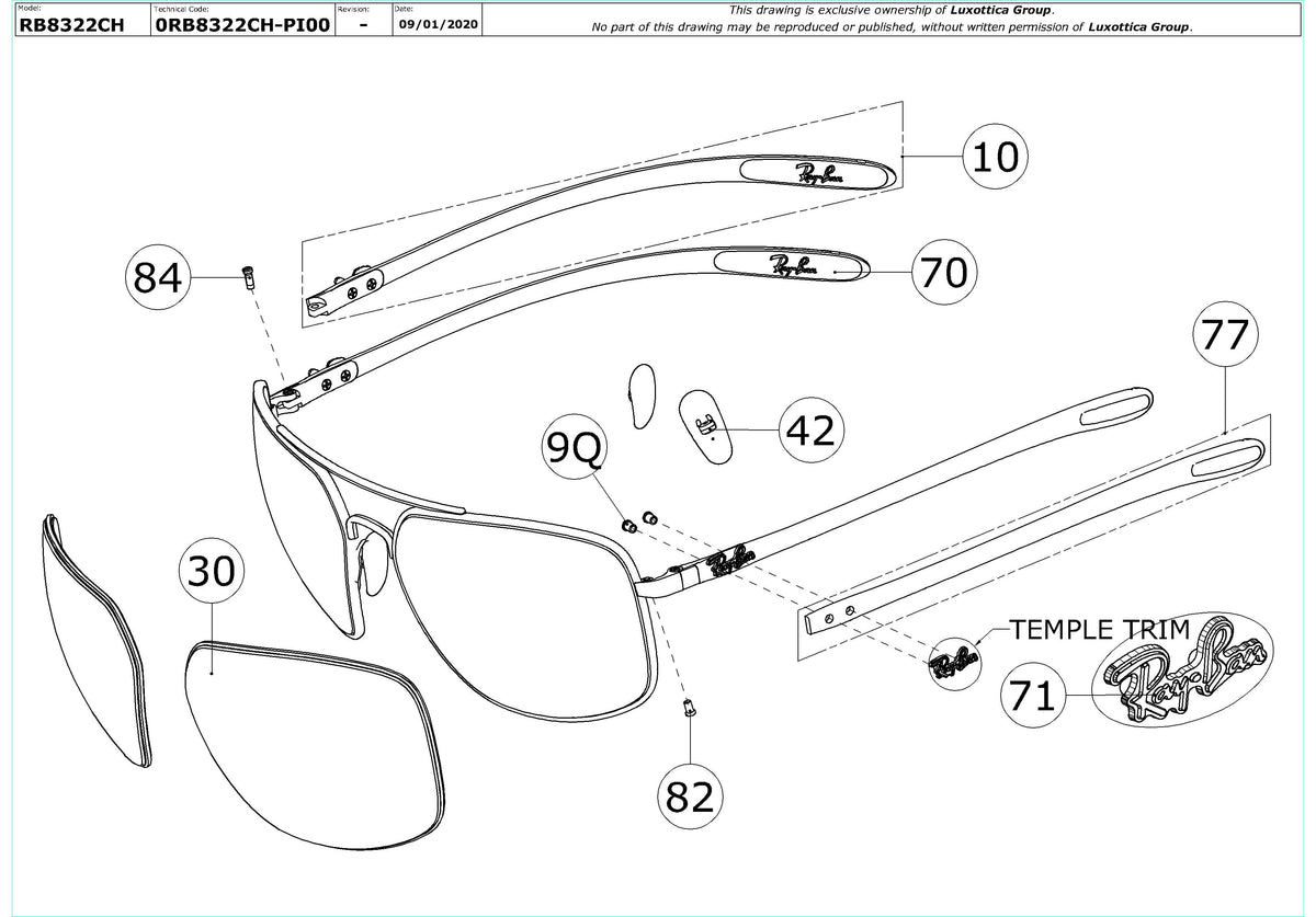 Enlarged technical drawing of the Ray-Ban RB8322CH Replacement Parts