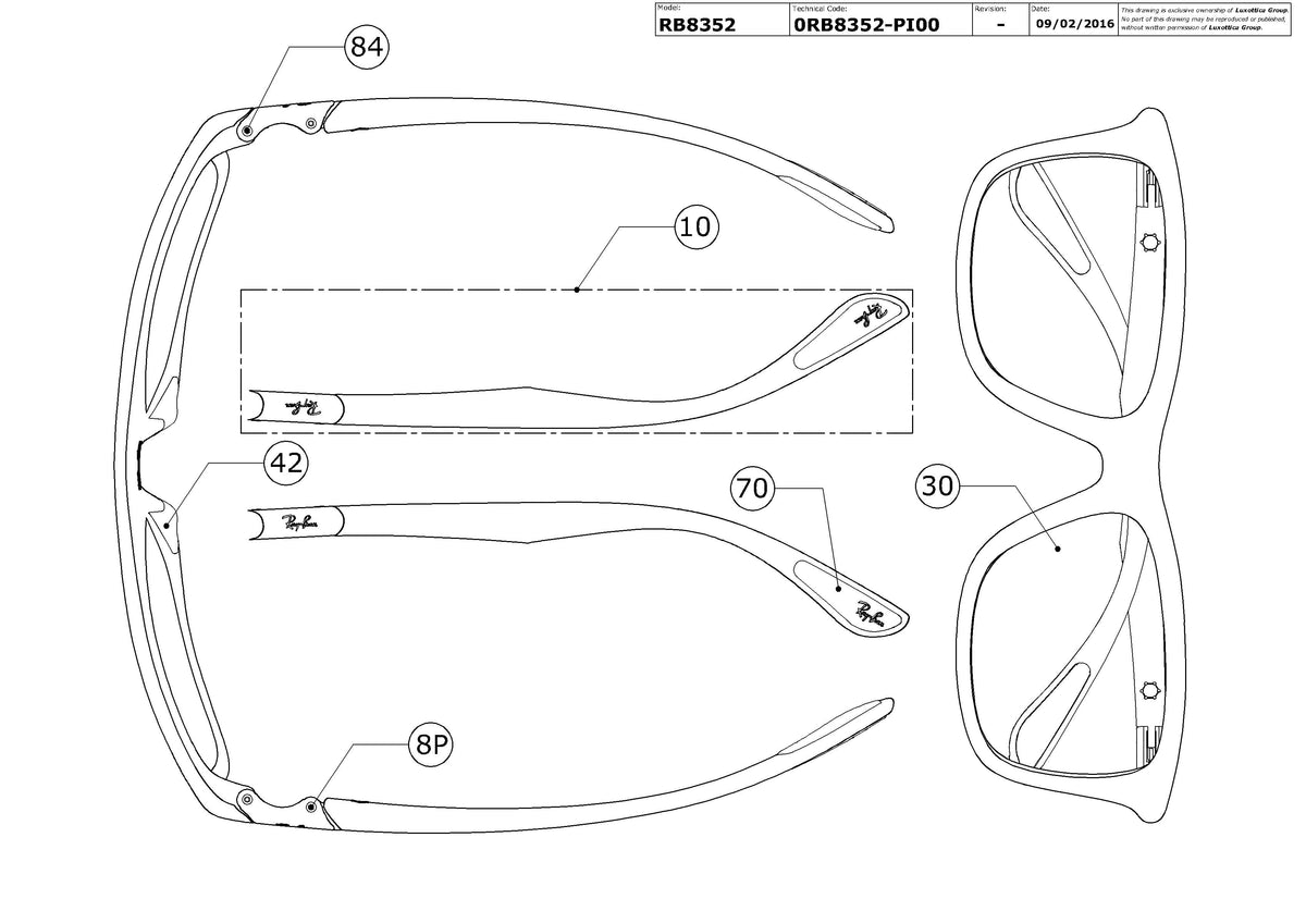 Exploded technical drawing of the Ray-Ban RB8352 Replacement Parts, with each replacement part numbered