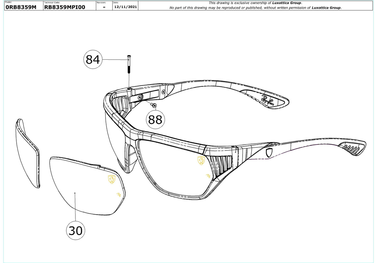 Exploded technical drawing of the Ray-Ban RB8359M Replacement Parts, with each replacement part numbered
