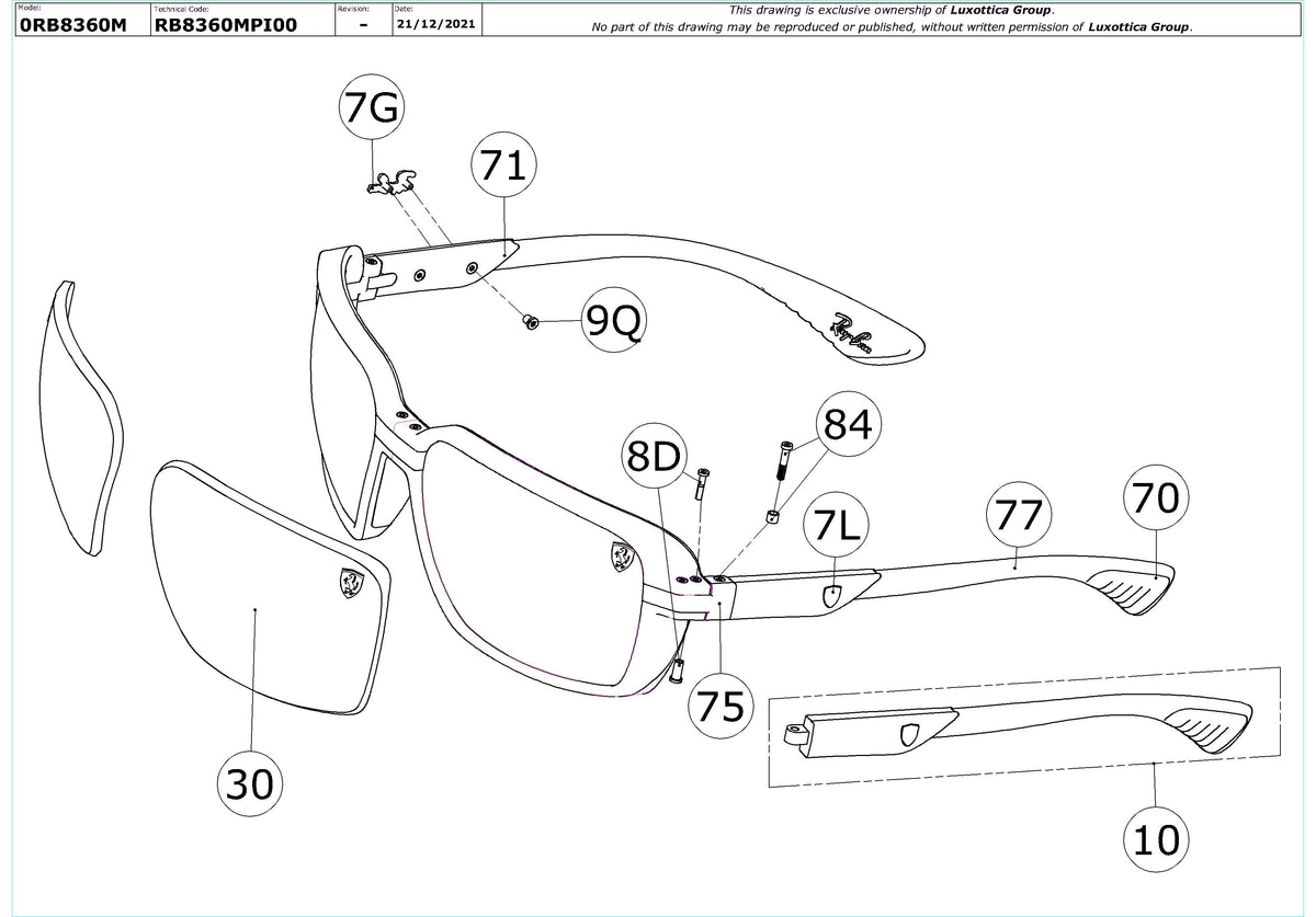 Enlarged technical drawing of the Ray-Ban RB8360M Replacement Parts