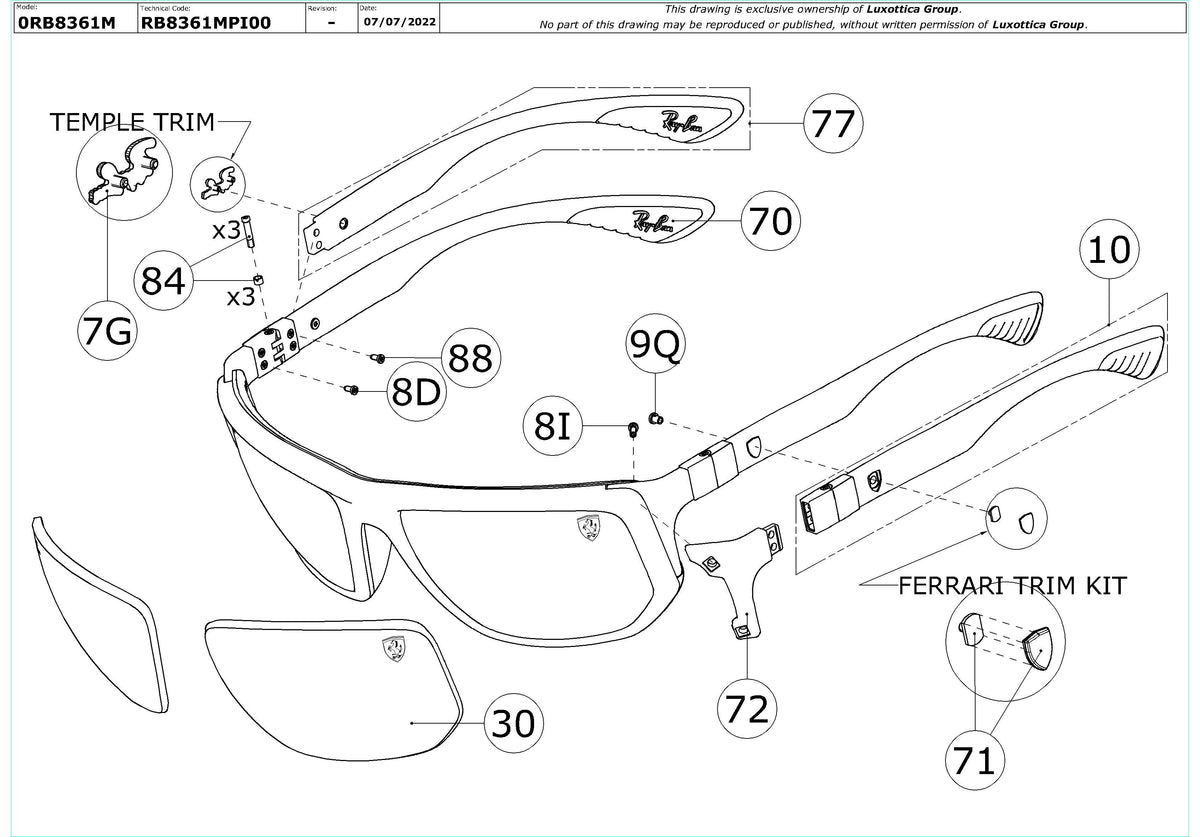 Exploded technical drawing of the Ray-Ban RB8361M Replacement Parts, with each replacement part numbered