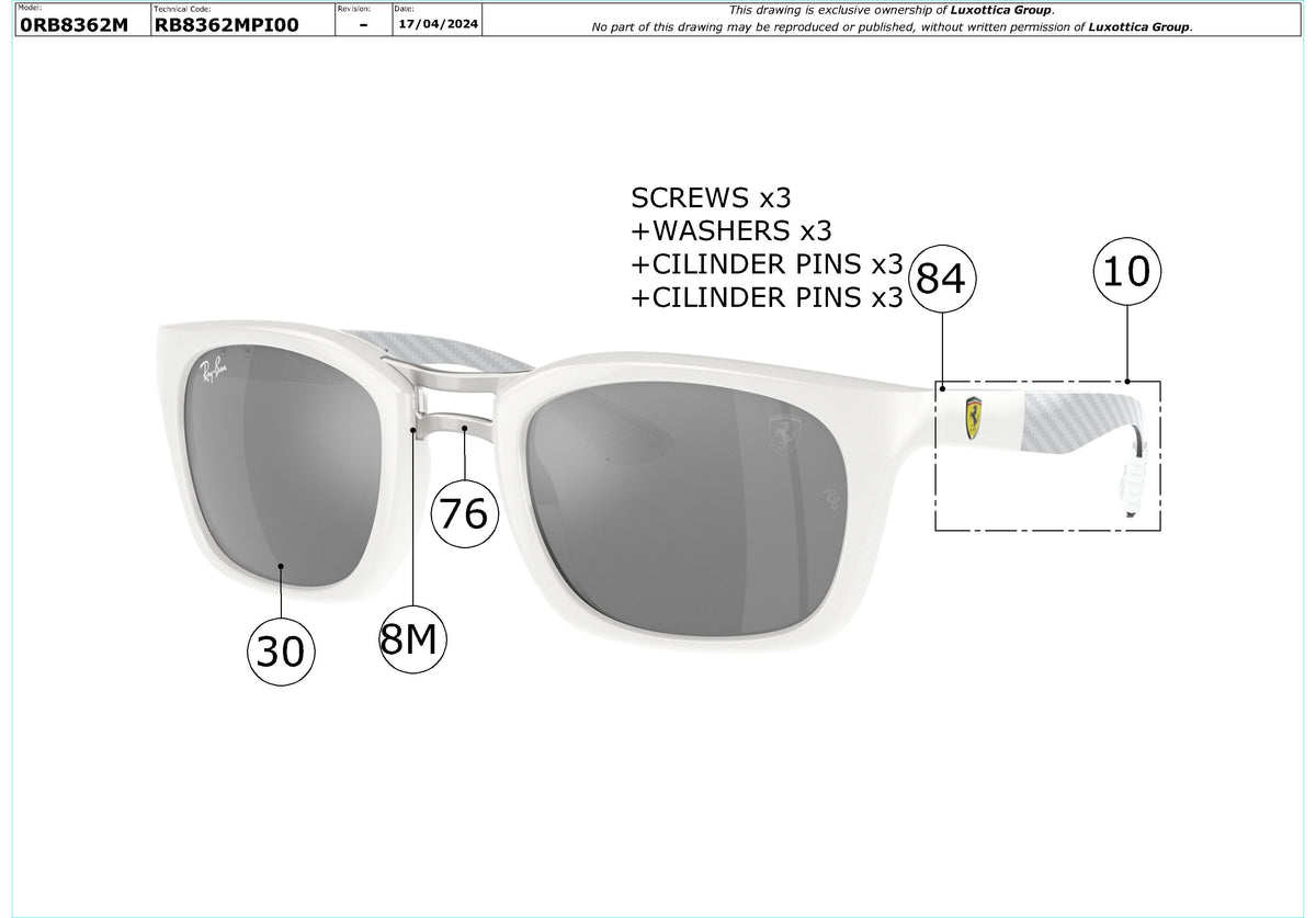 Exploded technical drawing of the Ray-Ban RB8362M Replacement Parts, with each replacement part numbered