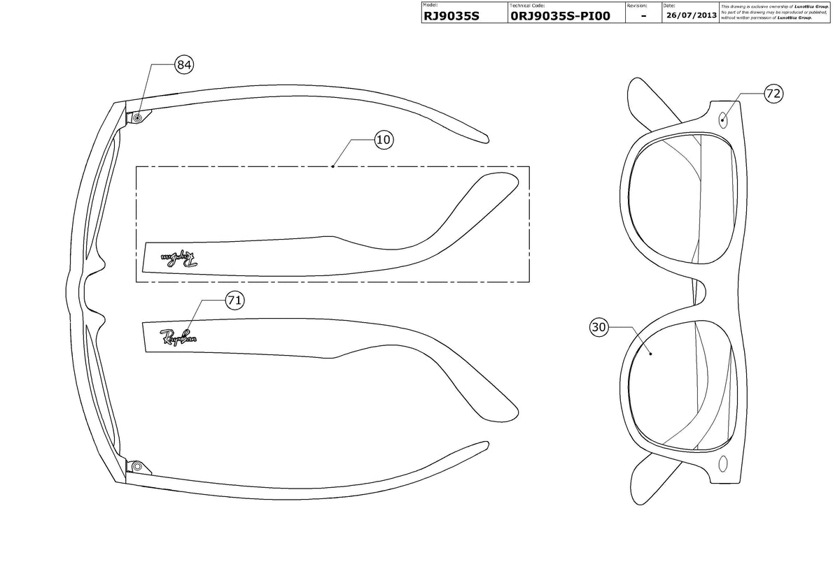 Enlarged technical drawing of the Ray-Ban Junior Wayfarer RJ9035S Replacement Parts