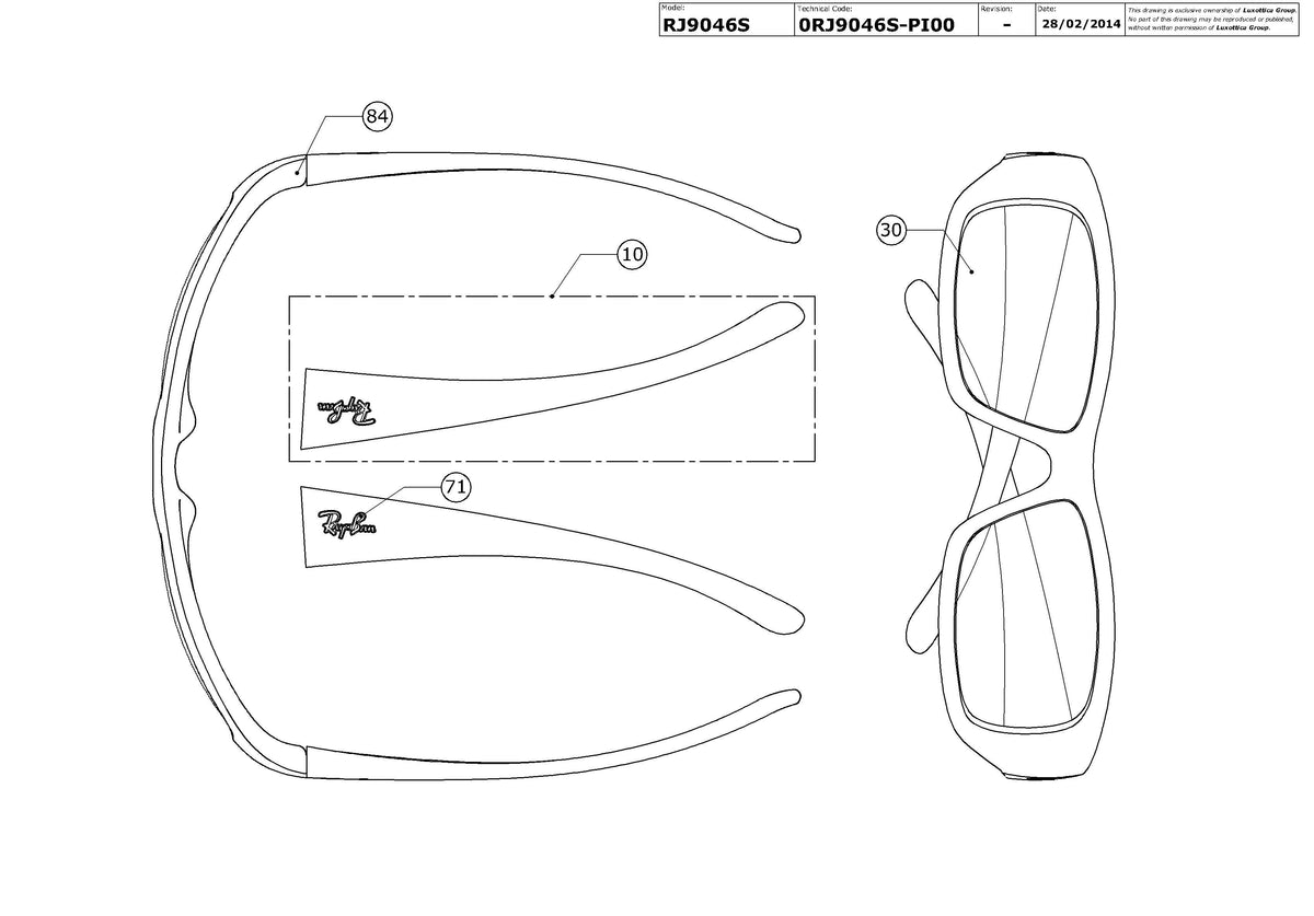 Exploded technical drawing of the Ray-Ban Junior RJ9046S Replacement Parts, with each replacement part numbered