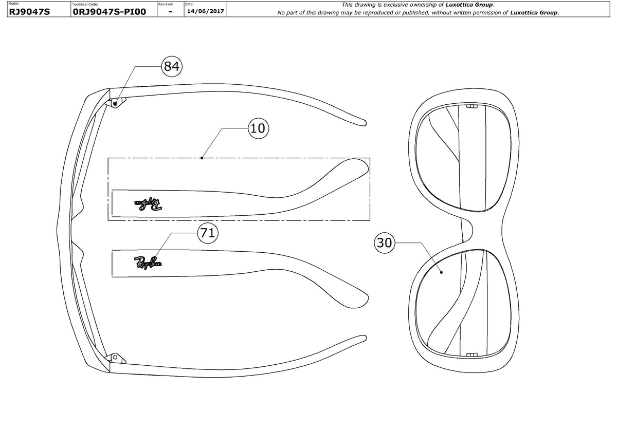 Exploded technical drawing of the Ray-Ban Junior RJ9047S Replacement Parts, with each replacement part numbered