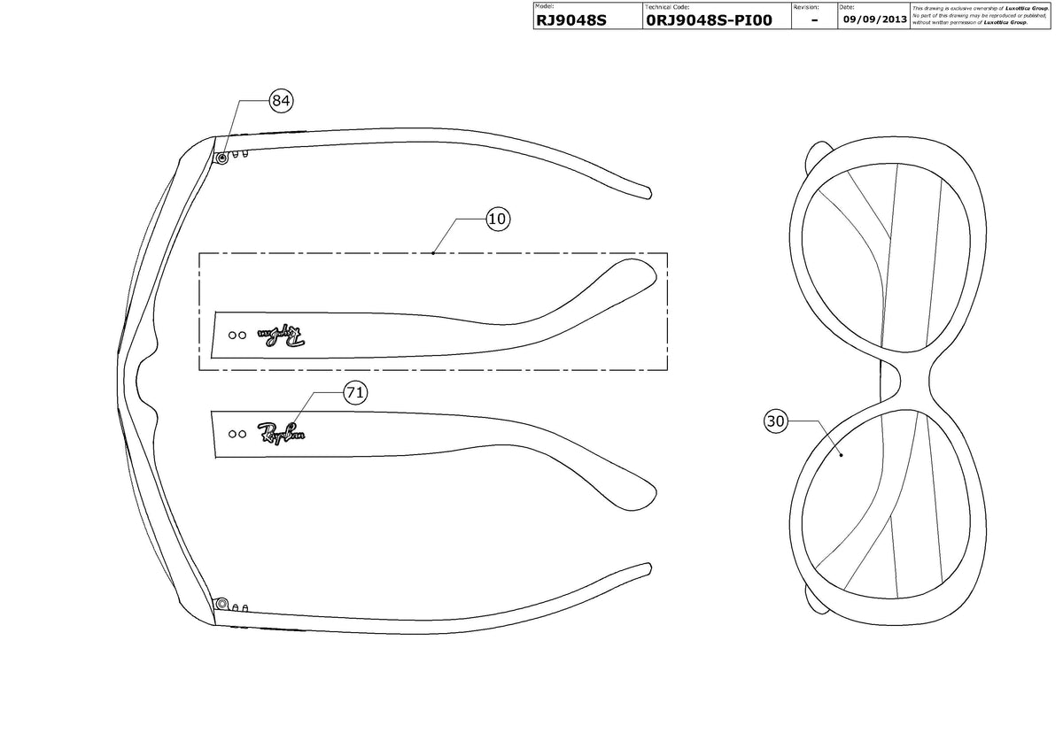 Exploded technical drawing of the Ray-Ban Junior RJ9048S Replacement Parts, with each replacement part numbered