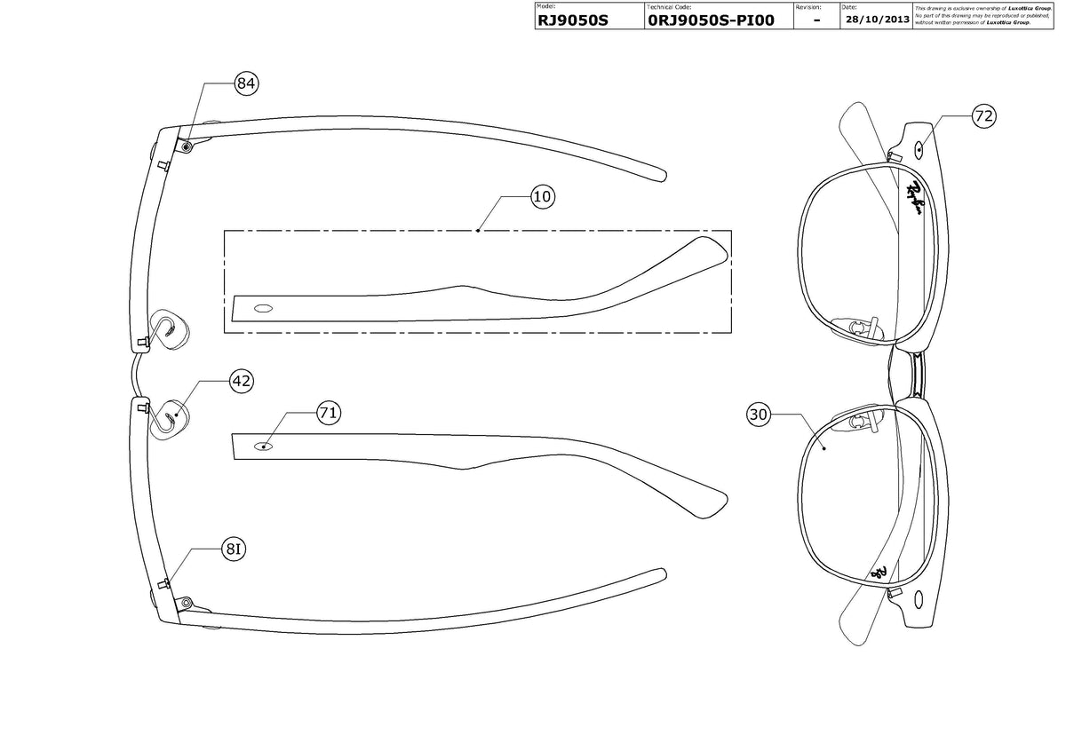 Exploded technical drawing of the Ray-Ban Junior Clubmaster RJ9050S Replacement Parts, with each replacement part numbered
