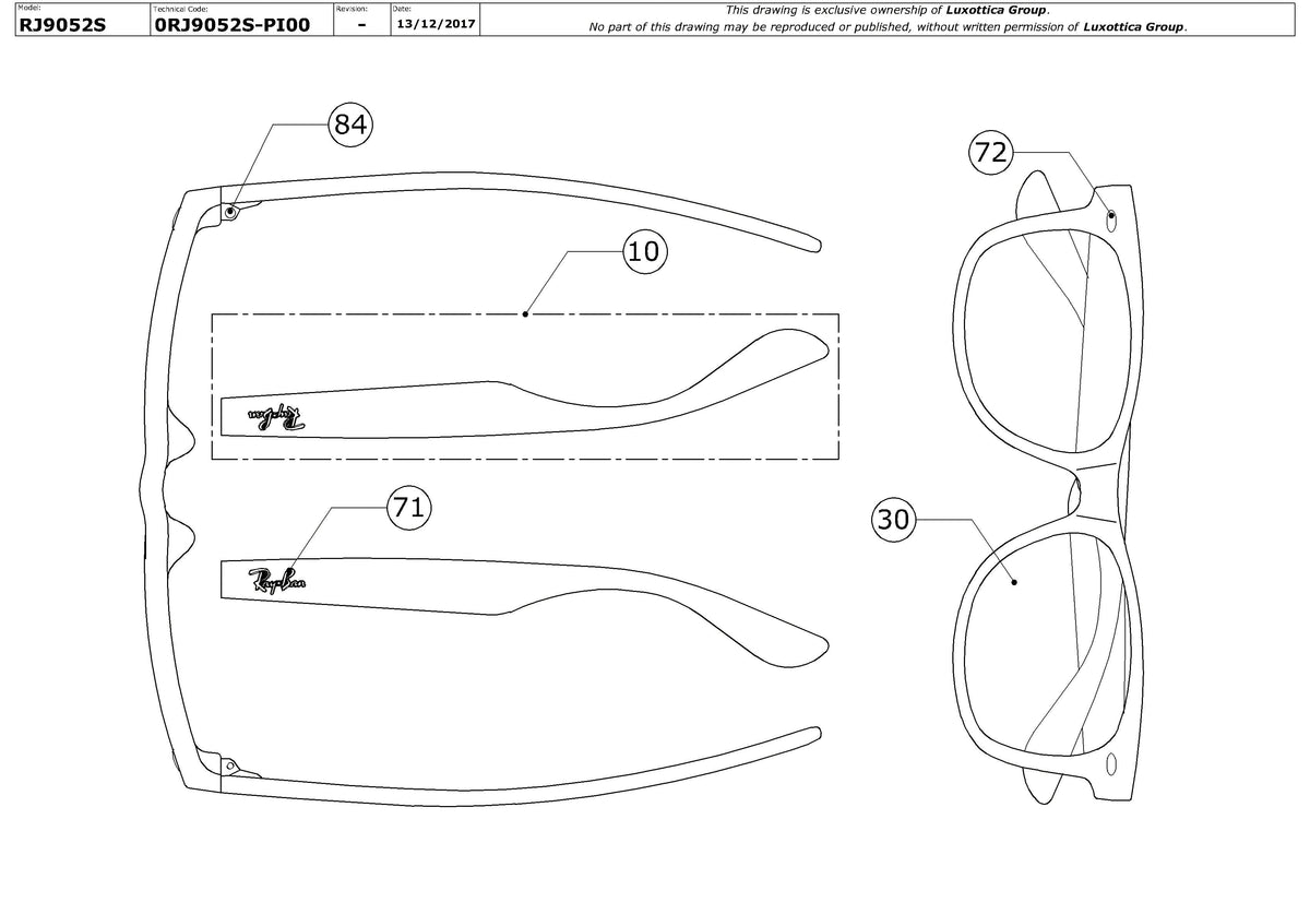 Exploded technical drawing of the Ray-Ban Junior New Wayfarer RJ9052S Replacement Parts, with each replacement part numbered