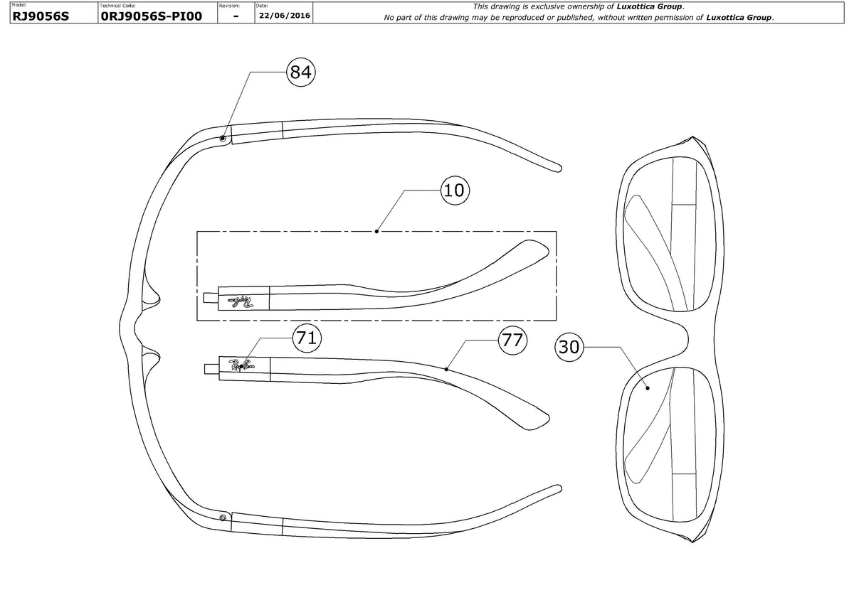 Enlarged technical drawing of the Ray-Ban Junior RJ9056S Replacement Parts
