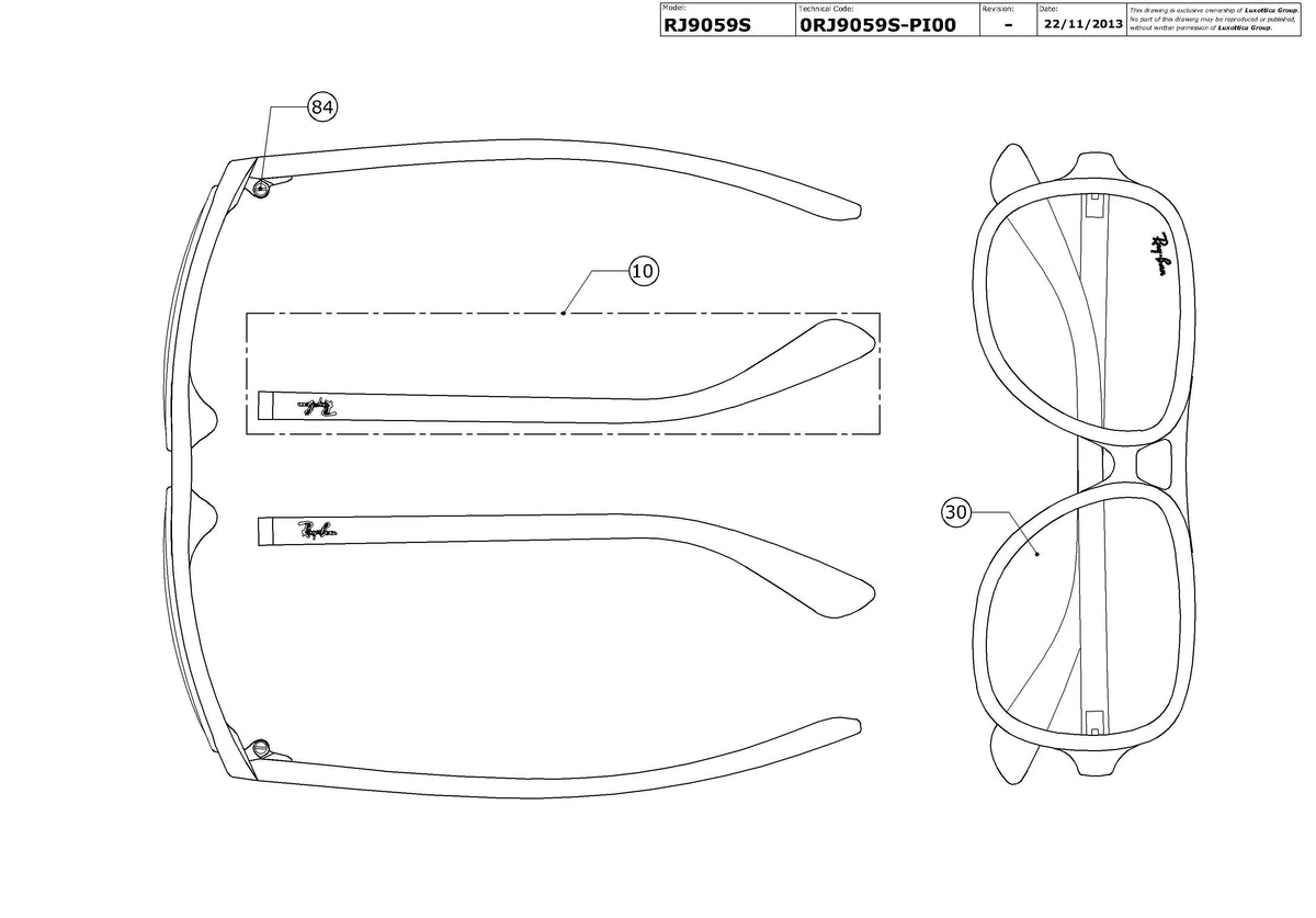 Exploded technical drawing of the Ray-Ban Junior RJ9059S Replacement Parts, with each replacement part numbered