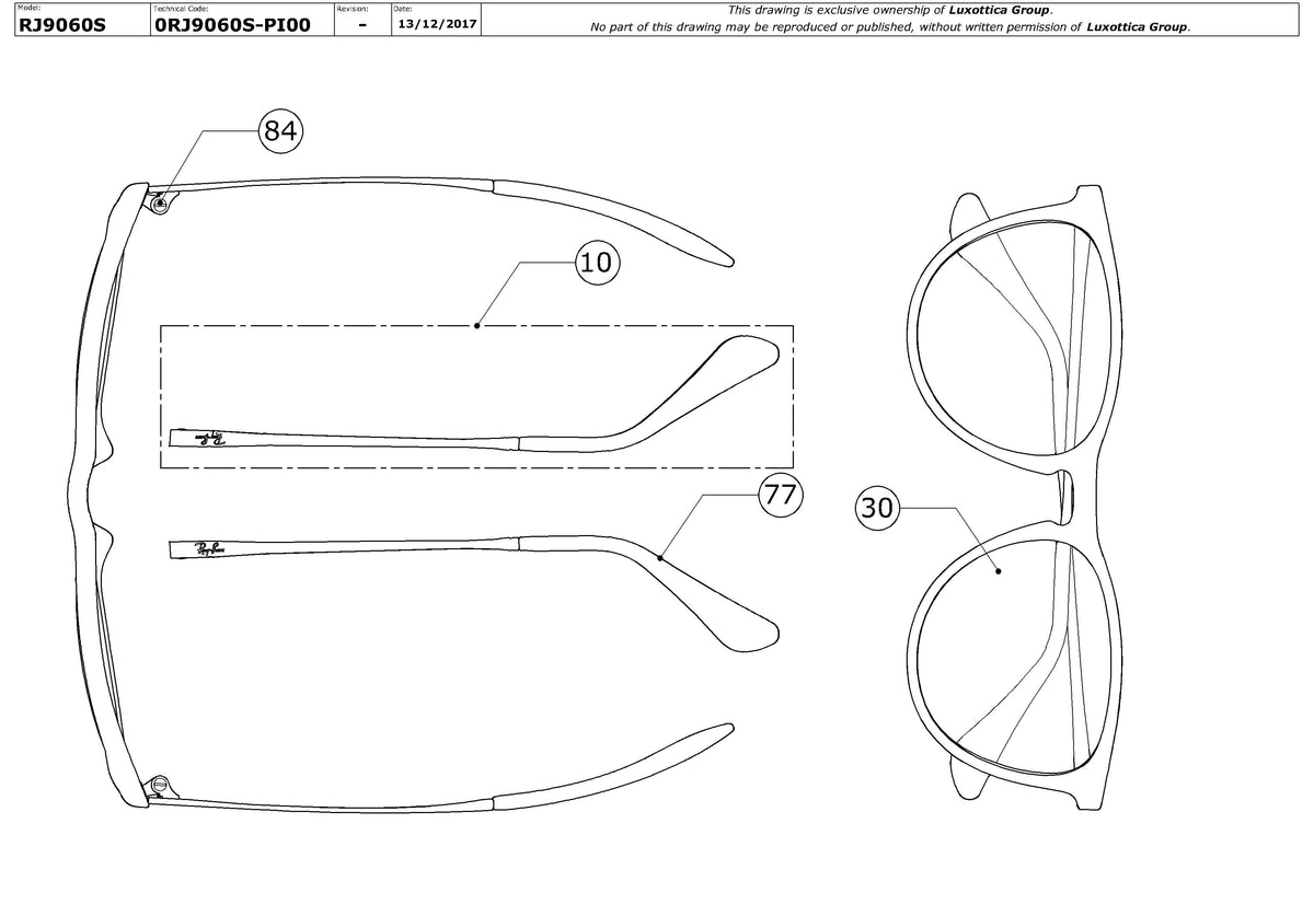 Exploded technical drawing of the Ray-Ban Junior Erika RJ9060S Replacement Parts, with each replacement part numbered