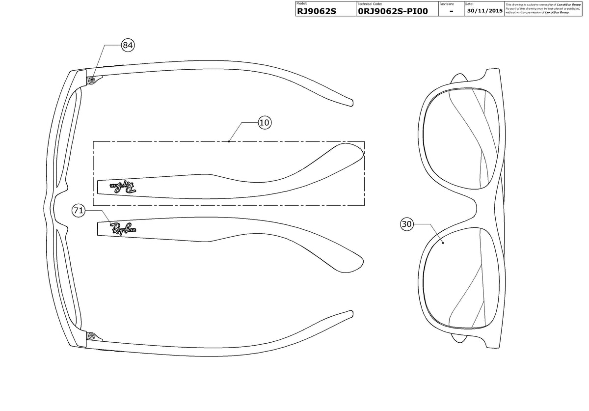 Exploded technical drawing of the Ray-Ban Junior RJ9062S Replacement Parts, with each replacement part numbered
