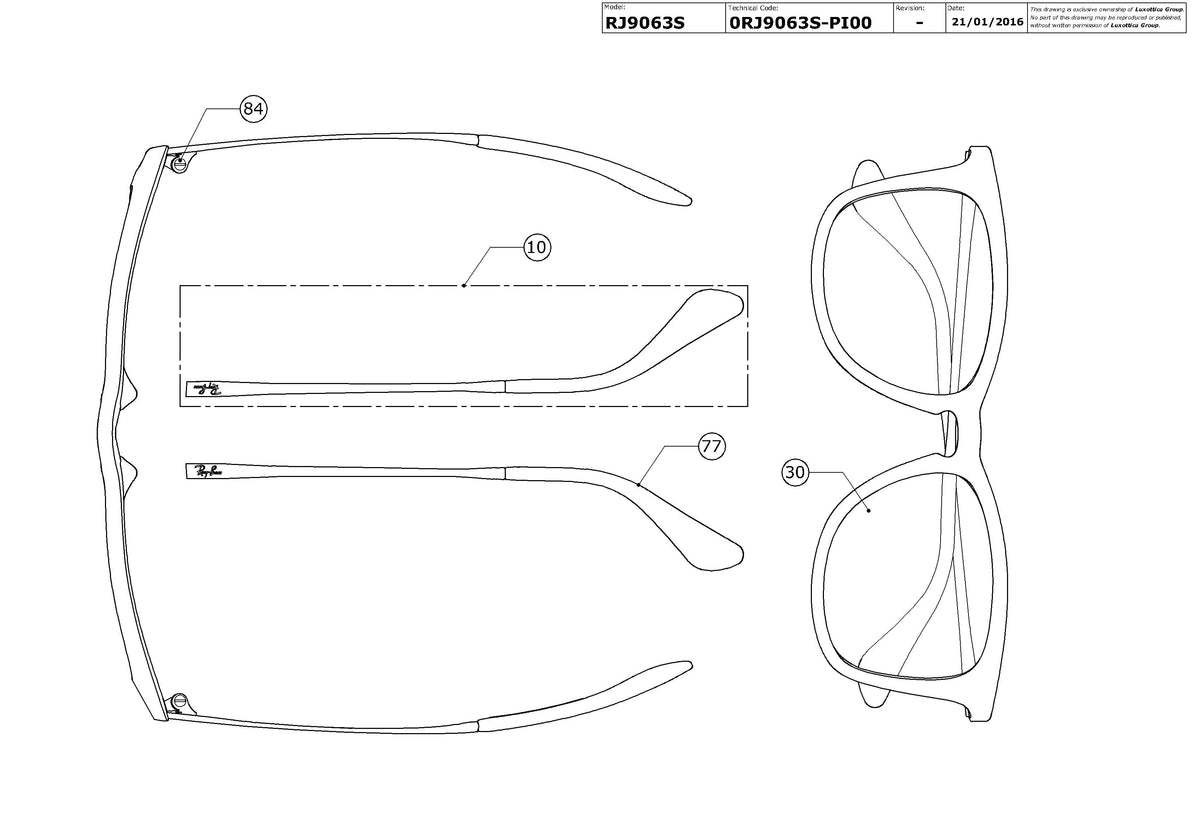 Exploded technical drawing of the Ray-Ban Junior RJ9063S Replacement Parts, with each replacement part numbered