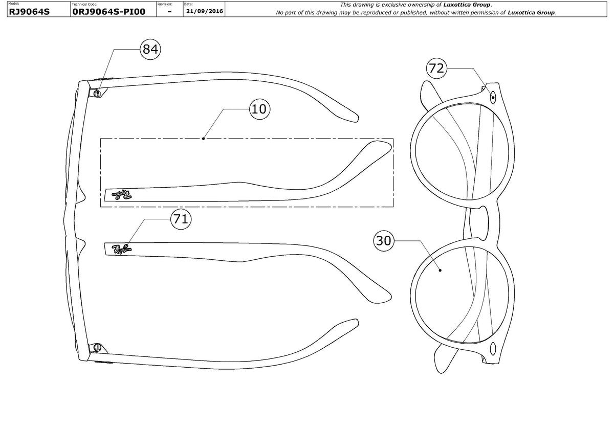 Enlarged technical drawing of the Ray-Ban Junior RJ9064S Replacement Parts