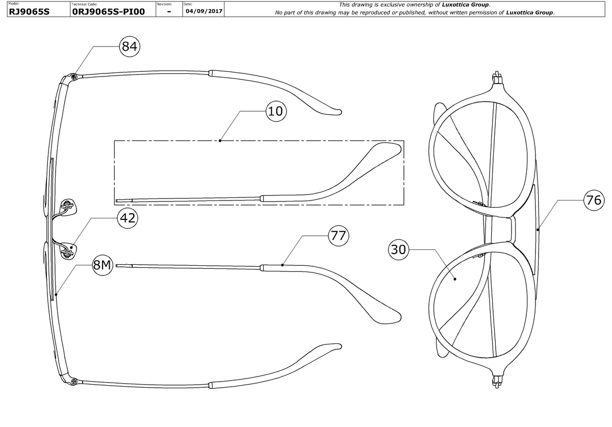 Exploded technical drawing of the Ray-Ban Junior Wayfarer RJ9066S Replacement Parts, with each replacement part numbered