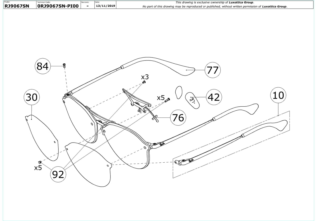 Exploded technical drawing of the Ray-Ban Junior Blaze Doublebridge RJ9067SN Replacement Parts, with each replacement part numbered
