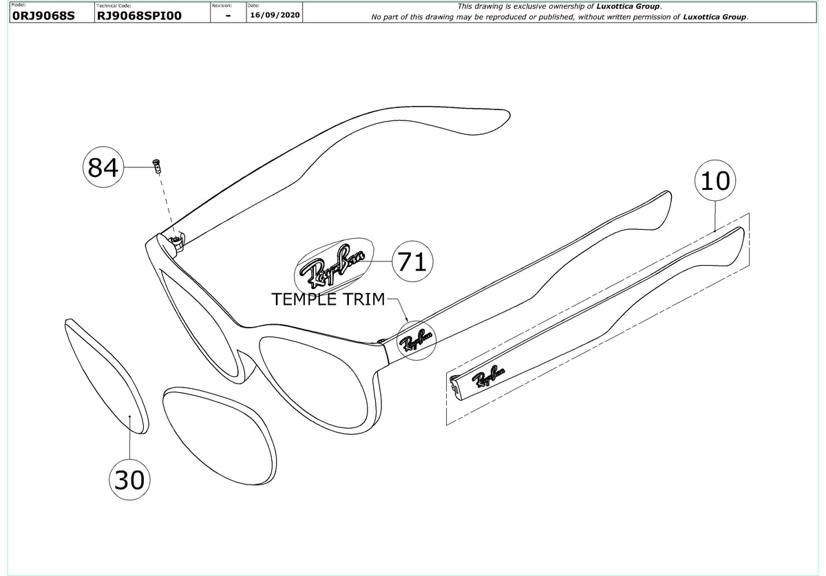 Exploded technical drawing of the Ray-Ban Junior RJ9068S Replacement Parts, with each replacement part numbered