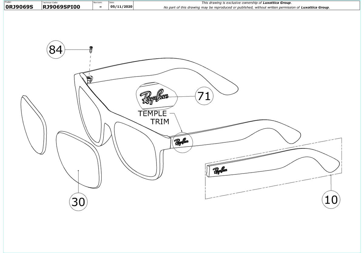 Enlarged technical drawing of the Ray-Ban Junior Justin RJ9069S Replacement Parts