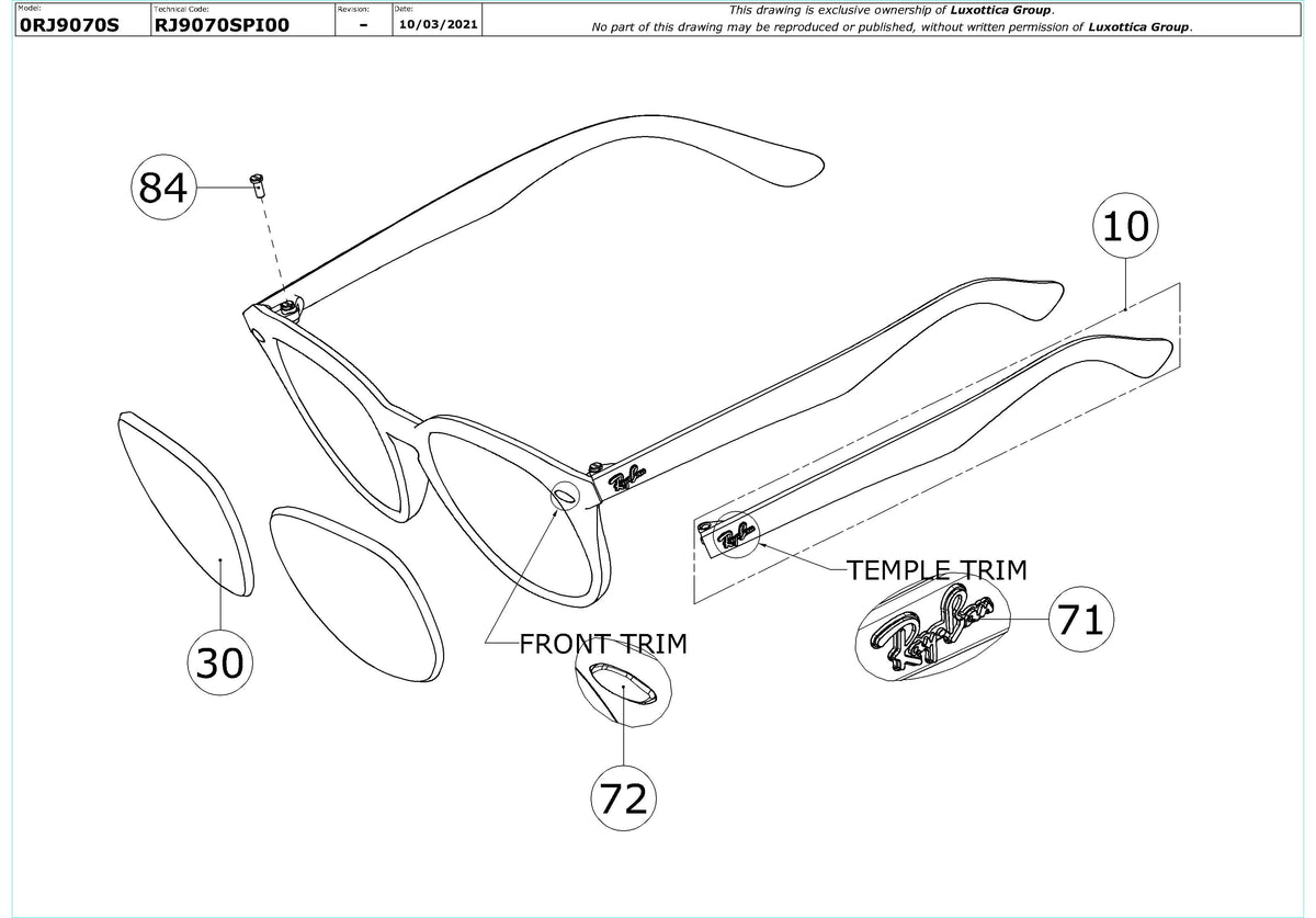 Enlarged technical drawing of the Ray-Ban Junior RJ9070S Replacement Parts