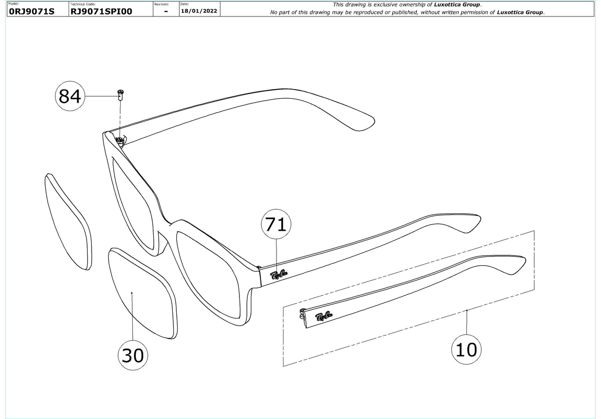 Exploded technical drawing of the Ray-Ban Junior RJ9071S Replacement Parts, with each replacement part numbered