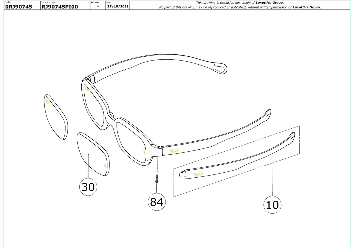 Exploded technical drawing of the Ray-Ban Junior RJ9074S Replacement Parts, with each replacement part numbered