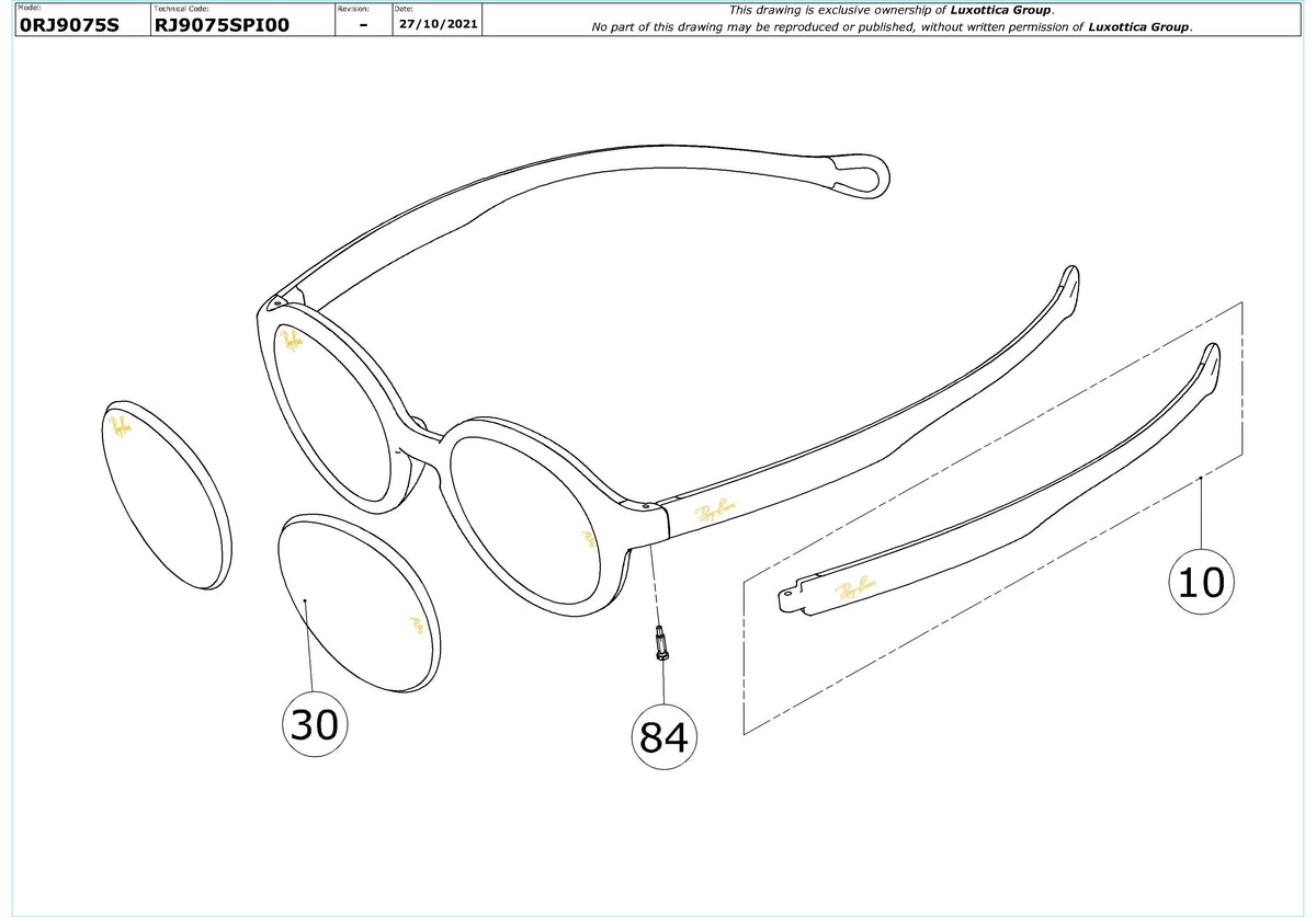 Enlarged technical drawing of the Ray-Ban Junior RJ9075S Replacement Parts