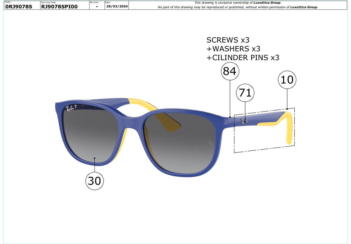 Exploded technical drawing of the Ray-Ban Junior RJ9078S Replacement Parts, with each replacement part numbered