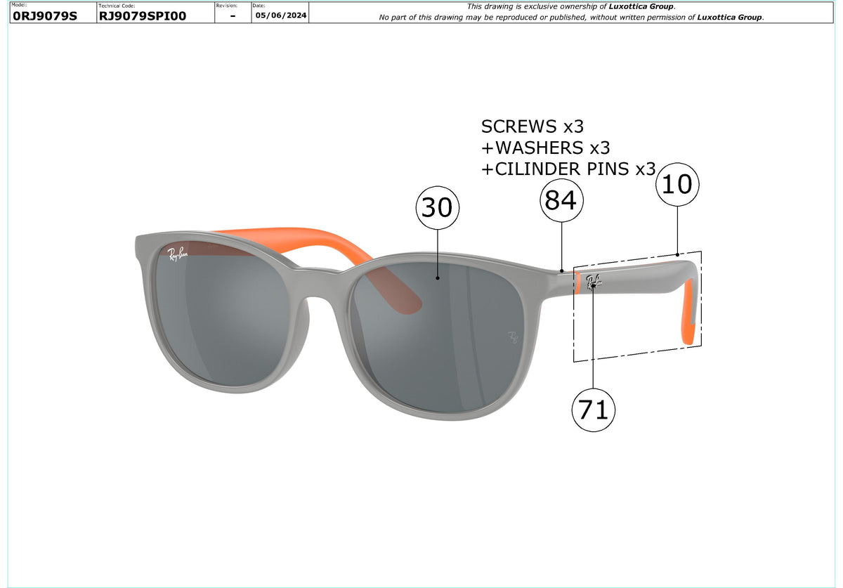 Exploded technical drawing of the Ray-Ban Junior RJ9079S Replacement Parts, with each replacement part numbered