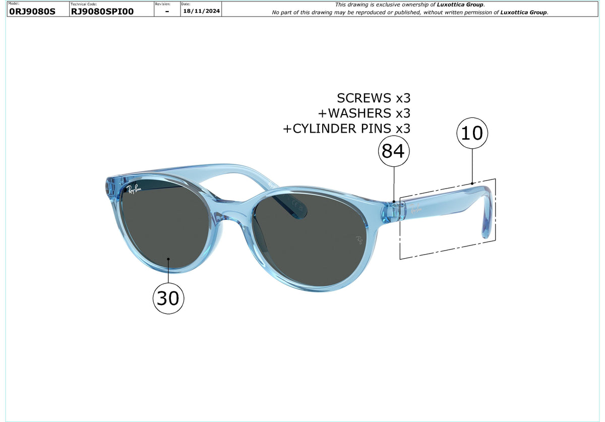 Enlarged technical drawing of the Ray-Ban Junior RJ9080S Replacement Parts