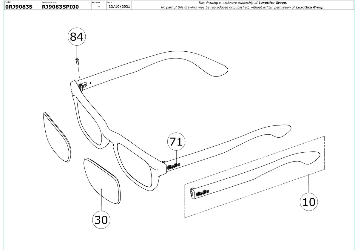 Exploded technical drawing of the Ray-Ban Junior Burbank RJ9083S Replacement Parts, with each replacement part numbered