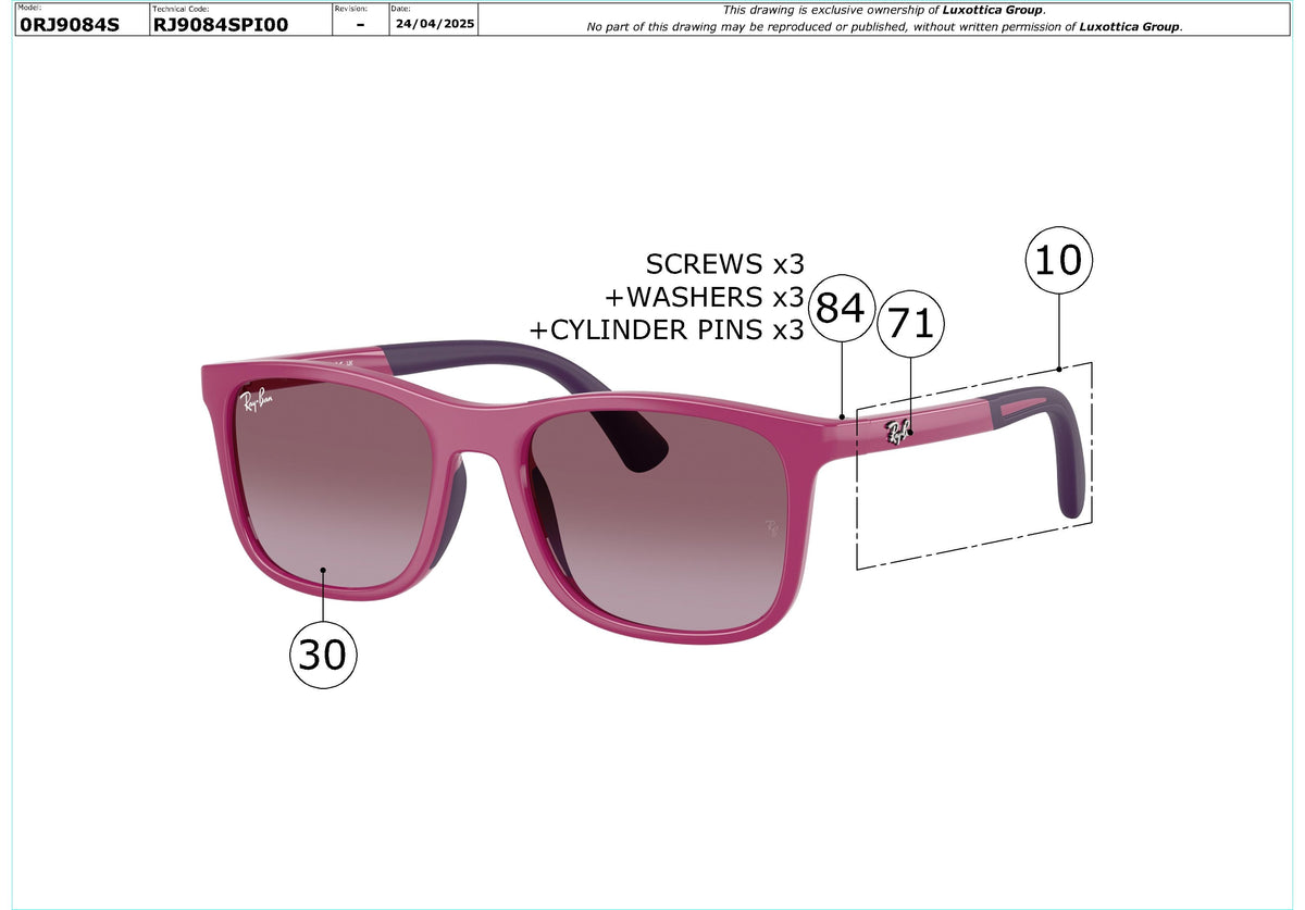 Exploded technical drawing of the Ray-Ban Junior RJ9084S Replacement Parts, with each replacement part numbered