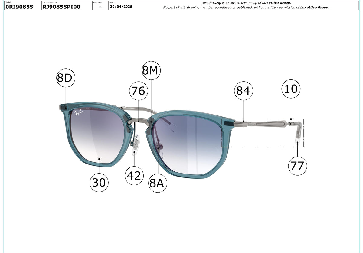 Exploded technical drawing of the Ray-Ban Junior RJ9085S Replacement Parts, with each replacement part numbered