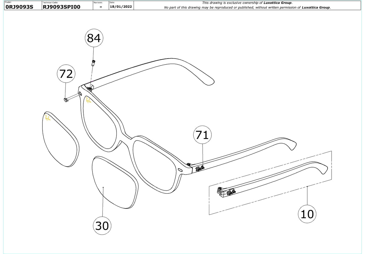 Exploded technical drawing of the Ray-Ban Junior Leonard RJ9093S Replacement Parts, with each replacement part numbered