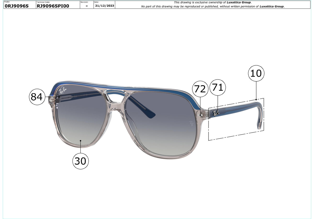 Enlarged technical drawing of the Ray-Ban Junior Bill RJ9096S Replacement Parts