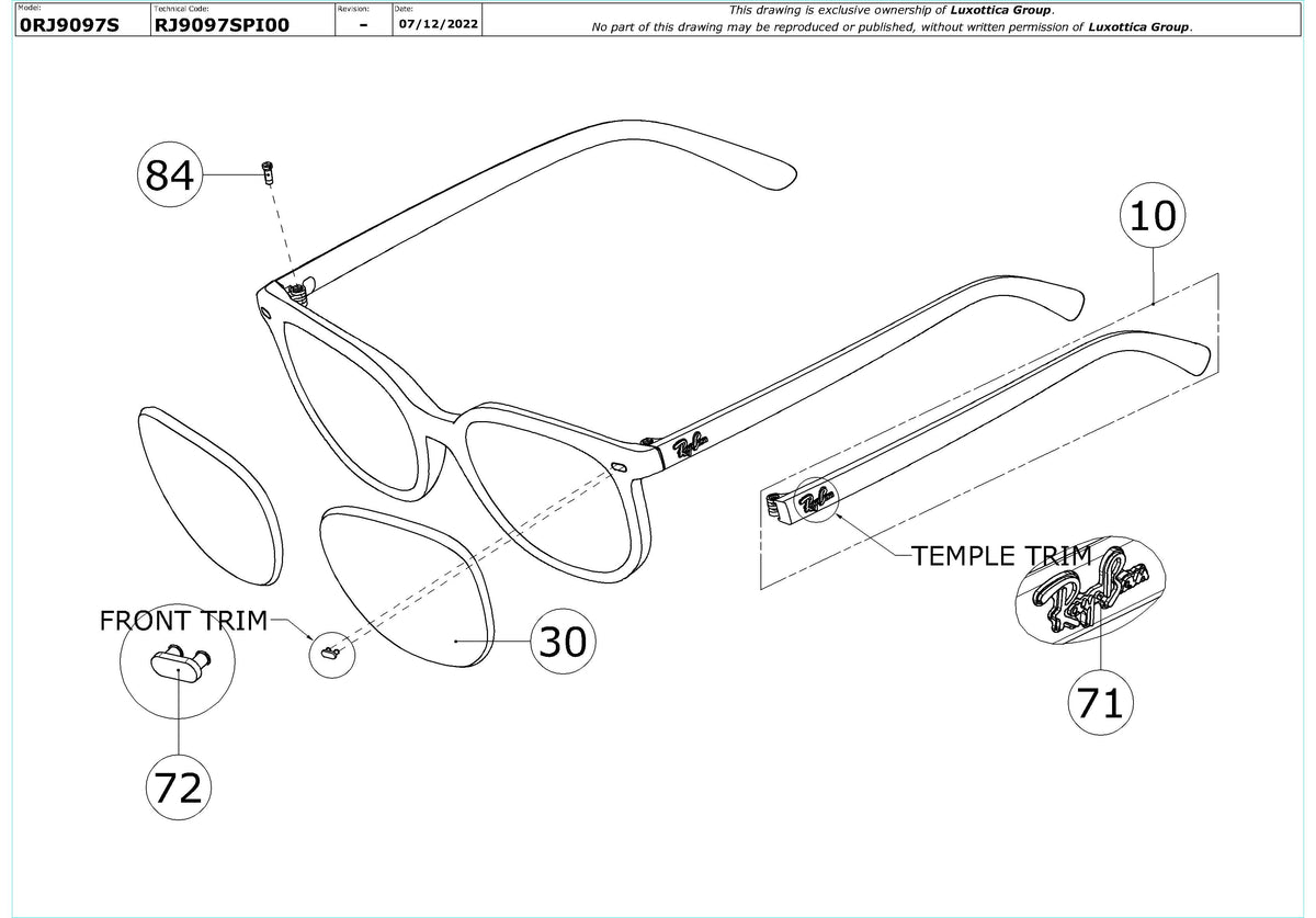 Exploded technical drawing of the Ray-Ban Junior Elliot RJ9097S Replacement Parts, with each replacement part numbered