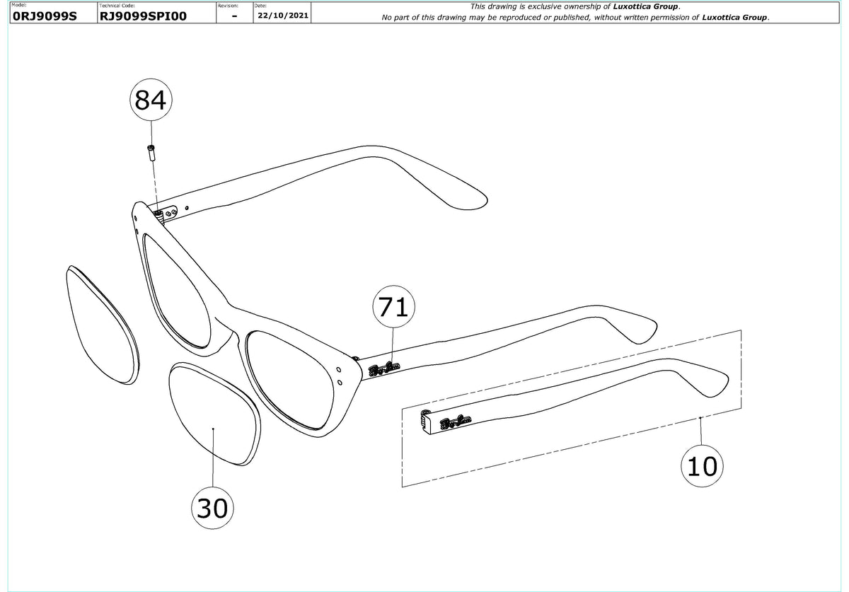 Enlarged technical drawing of the Ray-Ban Miss Burbank RJ9099S Replacement Parts