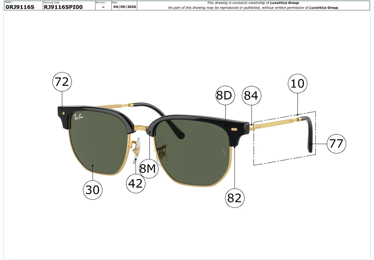 Enlarged technical drawing of the Ray-Ban Junior New Clubmaster RJ9116S Replacement Parts