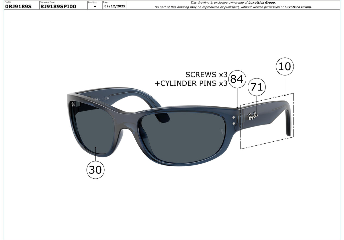 Enlarged technical drawing of the Ray-Ban Junior RJ9189S Replacement Parts