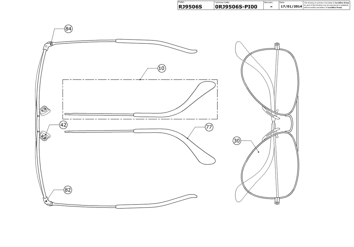 Enlarged technical drawing of the Ray-Ban Junior Aviator RJ9506S Replacement Parts