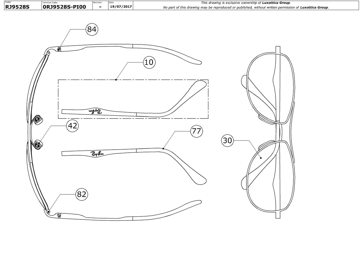 Exploded technical drawing of the Ray-Ban Junior RJ9528S Replacement Parts, with each replacement part numbered