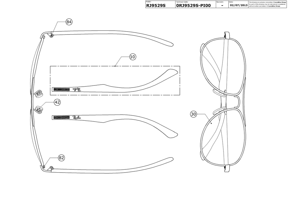 Exploded technical drawing of the Ray-Ban Junior RJ9529S Replacement Parts, with each replacement part numbered